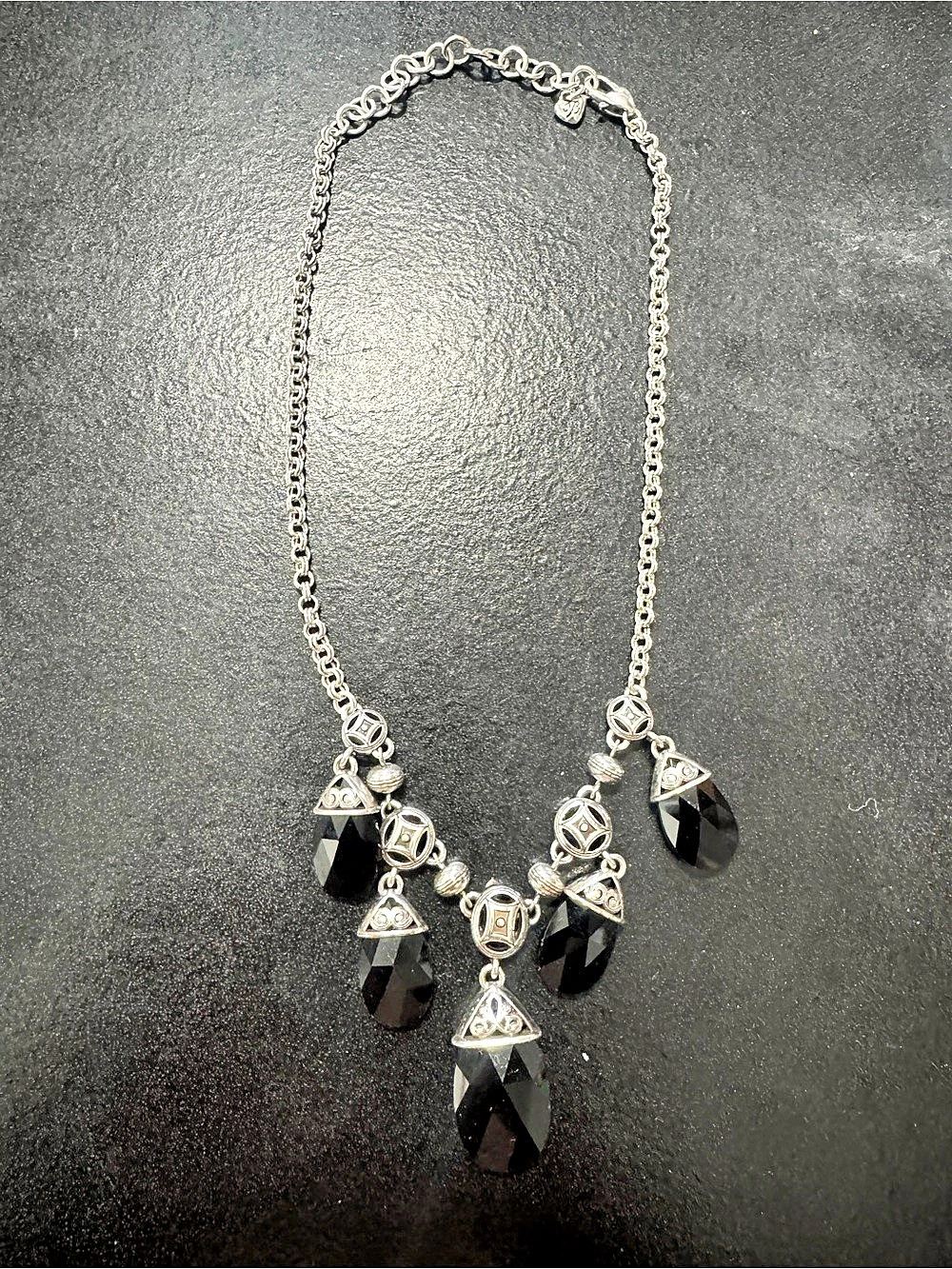 Brighton Black Faceted Teardrop Statement Necklace Silver Tone